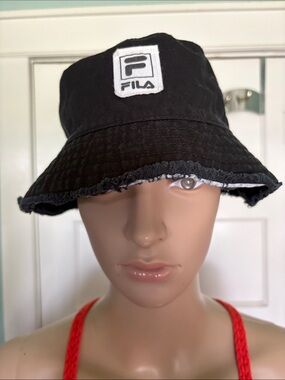 Fila Distressed Black Bucket Hat with White Logo Patch OSFM